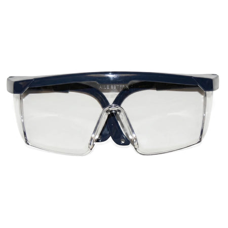 Adjustable Safety Spectacles with clear lenses and a dark blue frame, shown from a front view.