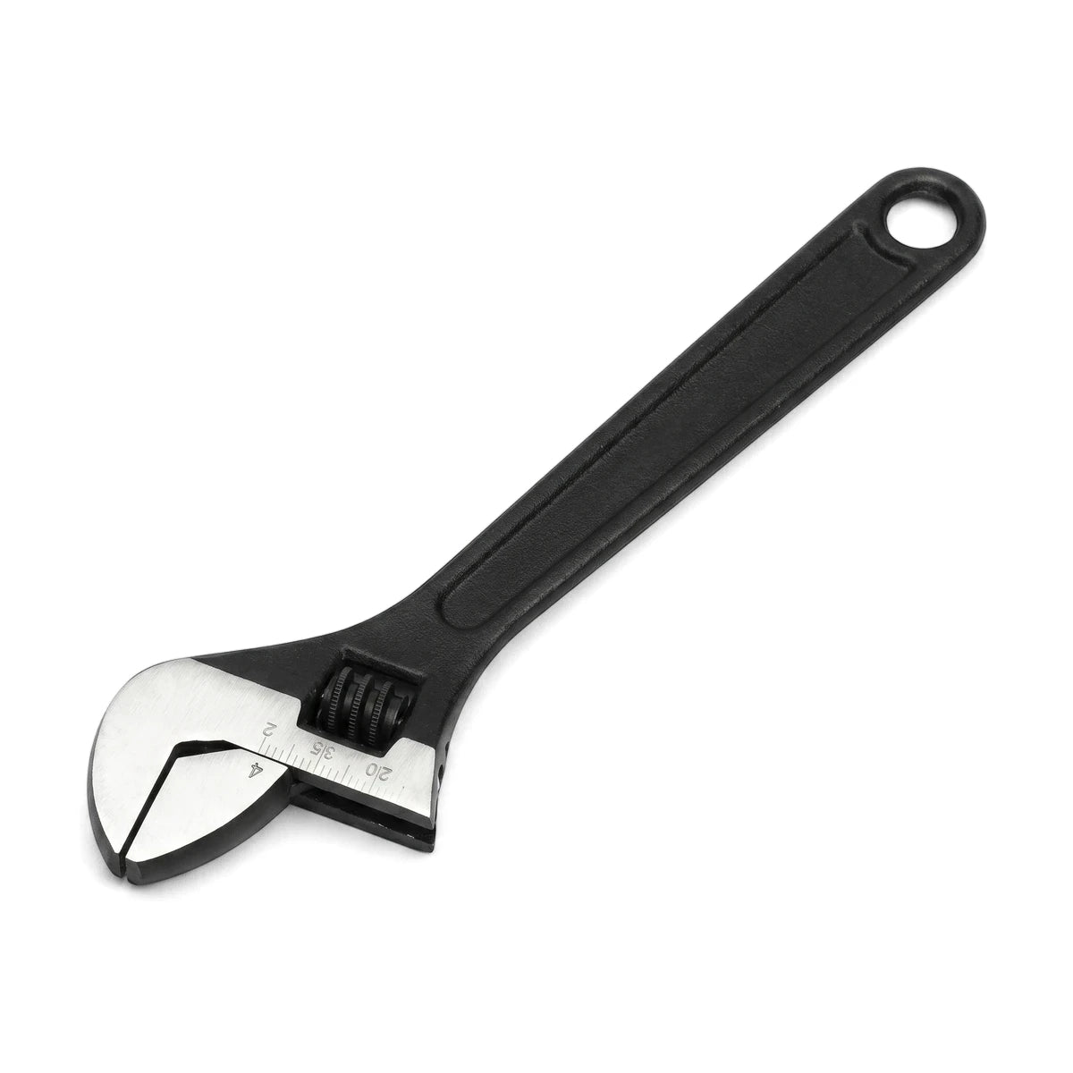A 10-inch (250mm) adjustable wrench with a black handle and a silver metallic head, viewed from a slight angle against a