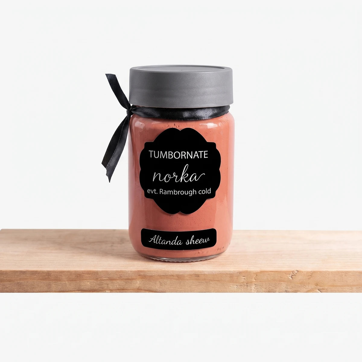 Adorable Amina 250ml chalk paint in a reddish-orange glass jar with a black label and grey lid, adorned with a ribbon,