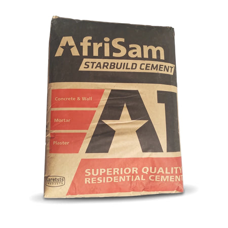 AfriSam Starbuild Cement bag, brown and black with red branding, for concrete, mortar, and plaster.
