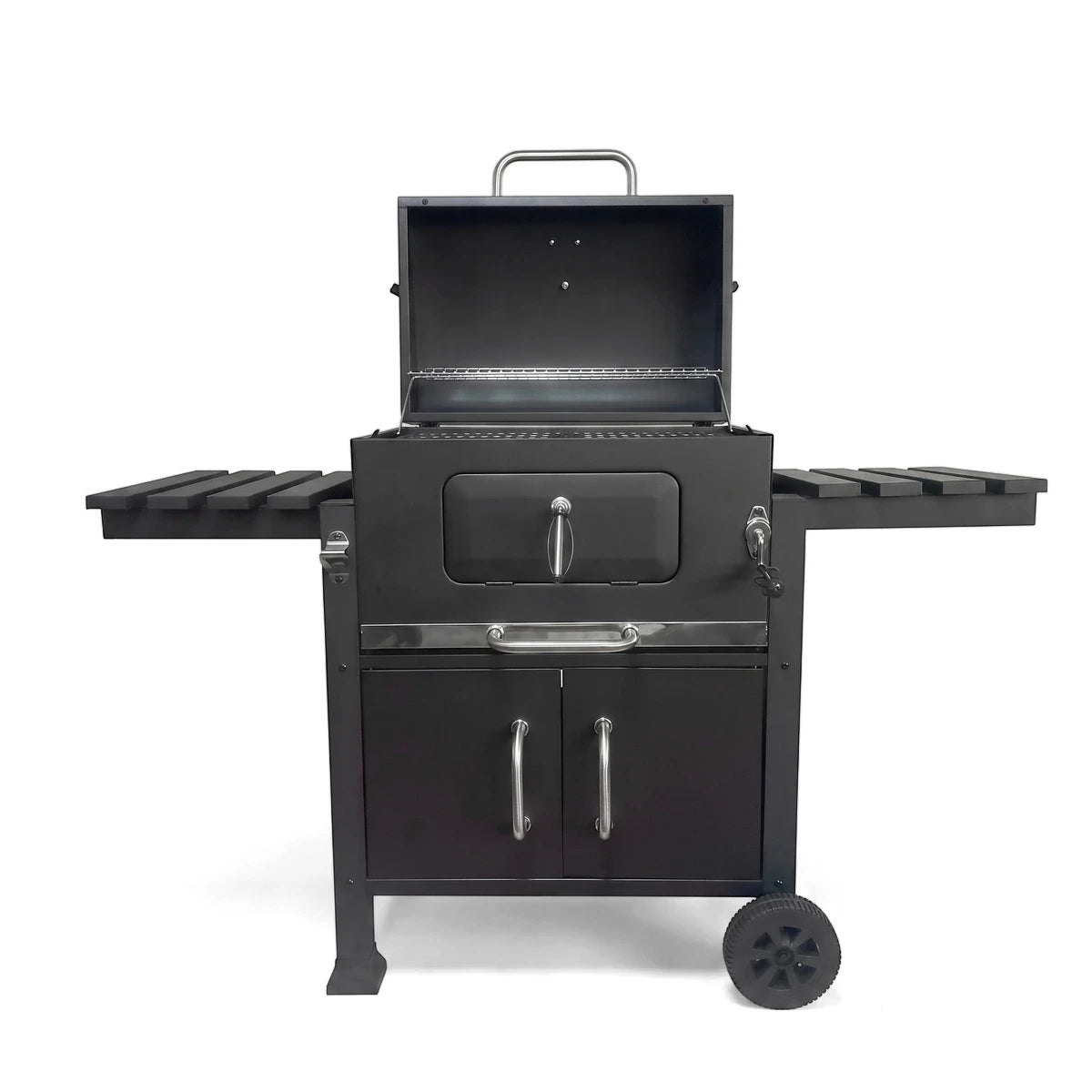 Afritrail Deluxe Charcoal Braai, a black portable outdoor grill with an open lid, side shelves, and cabinet storage.