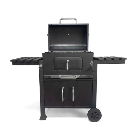 Afritrail Deluxe Charcoal Braai, a black portable outdoor grill with an open lid, side shelves, and cabinet storage.