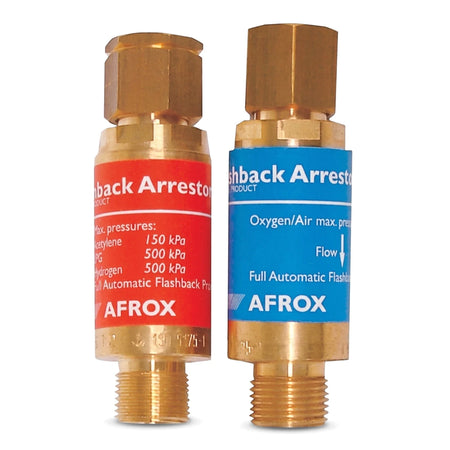 Two brass and red/blue Afrox Flash Back Arrestor regulators for welding safety, shown upright with threaded connections.