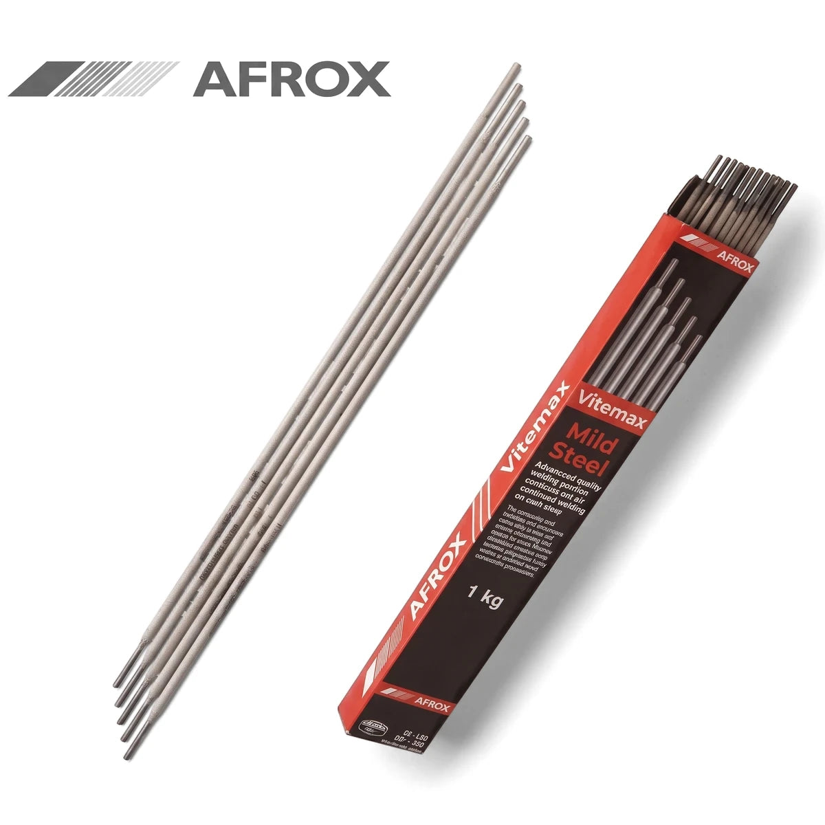 Afrox Vitemax 1 Kg Mild Steel welding rods displayed in a red product box alongside several loose metallic rods on a white