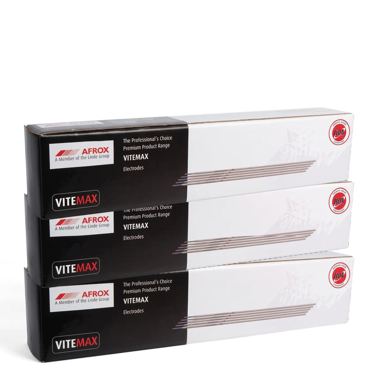Three stacked Afrox Vitemax E6013 4.0mm 5Kg welding rods in black and white retail boxes, prominently displaying branding.