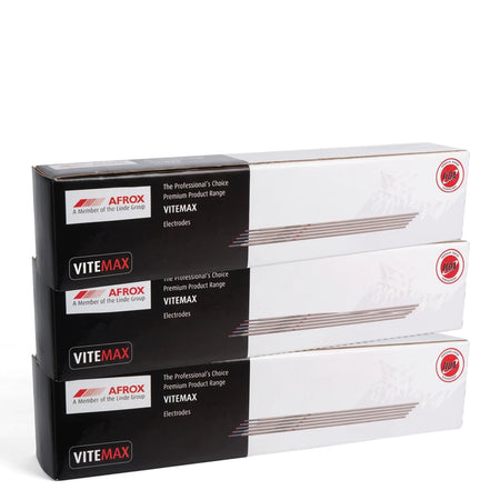 Three stacked Afrox Vitemax E6013 4.0mm 5Kg welding rods in black and white retail boxes, prominently displaying branding.