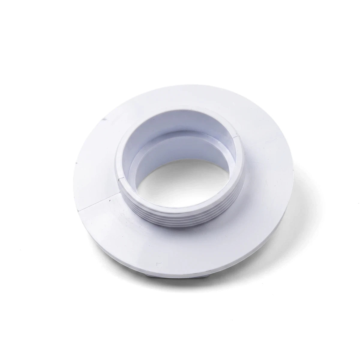 White Aimflow Flange Assembly Series 1, a circular plastic plumbing component with threaded connections, viewed from an
