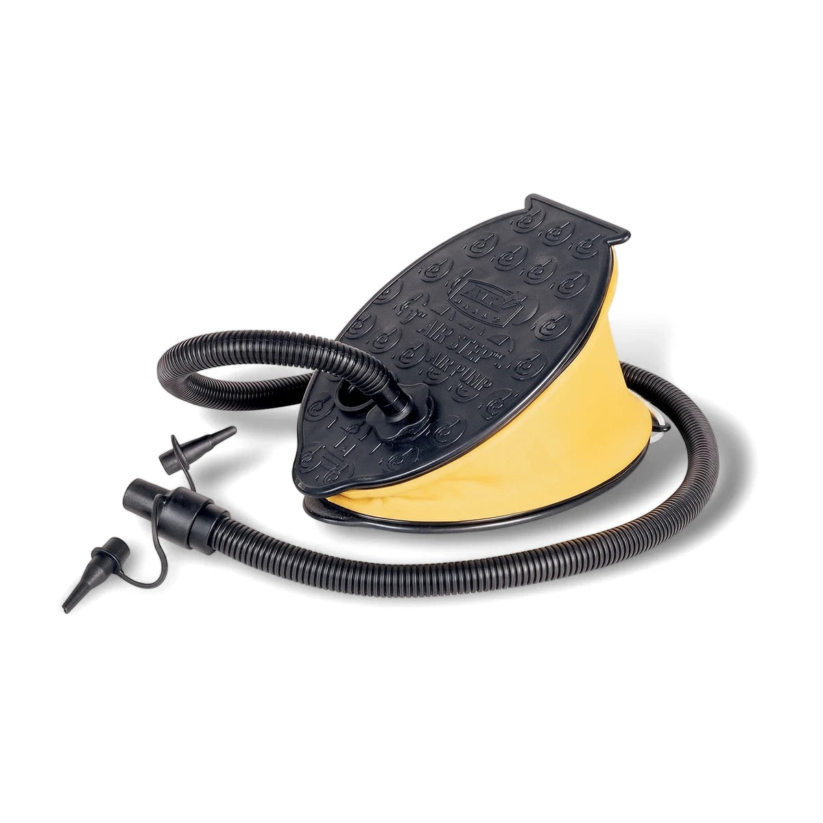 Air Step Foot Pump, yellow and black, with a ribbed hose and two nozzles for inflating various items. Angled view.