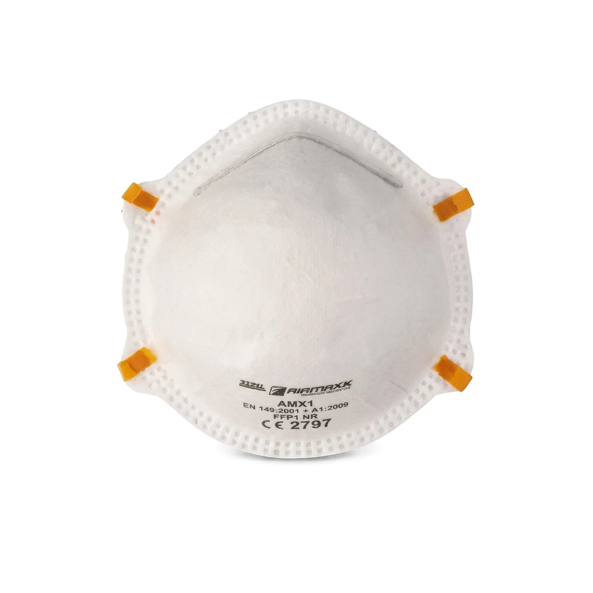 Front view of a white Airmax Amx1 disposable FFP1 dust mask, featuring a cup shape and orange earloop attachments.