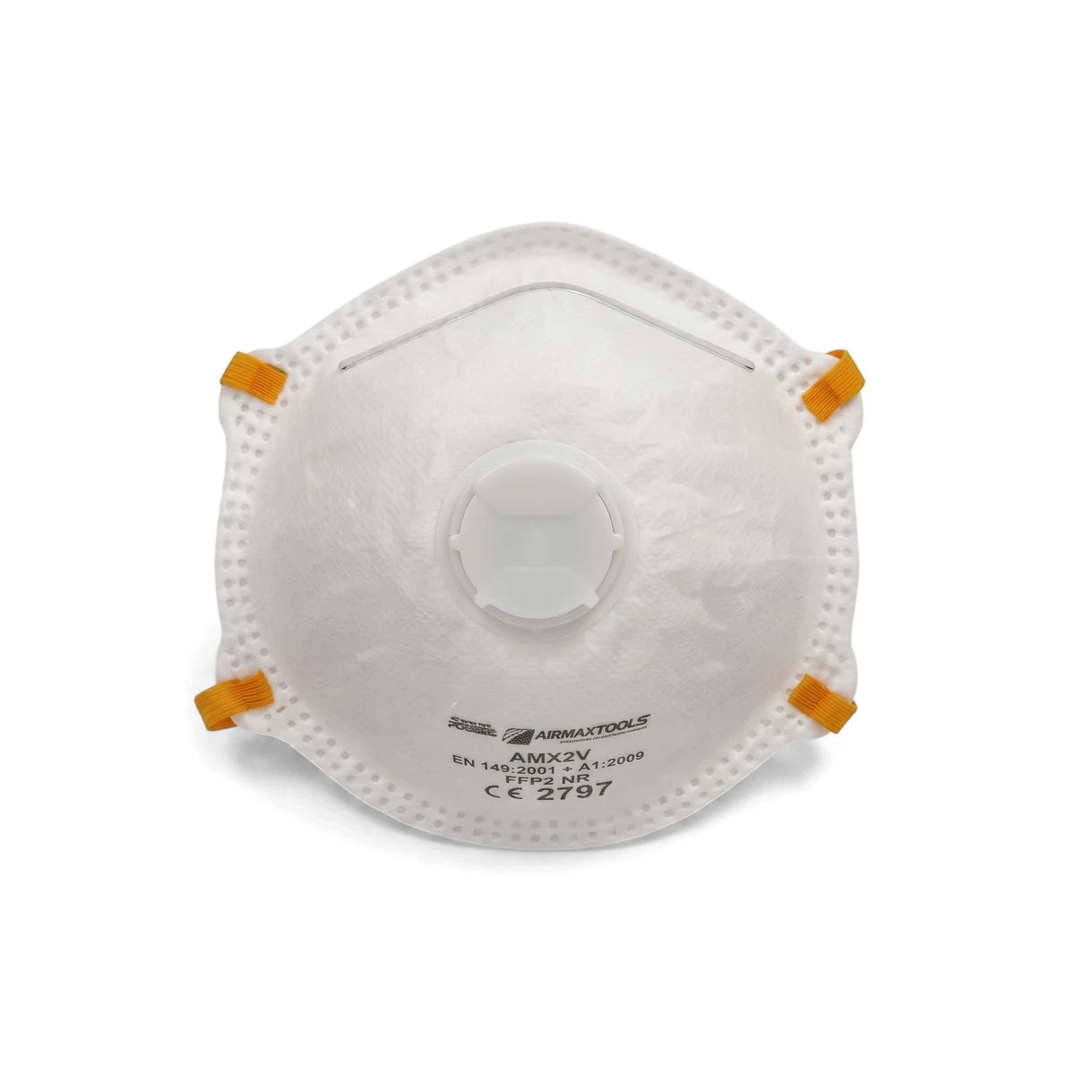 White Airmax Amx2V FFP2 disposable dust mask, front view, with orange elastic straps and a central exhalation valve for
