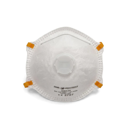 White Airmax Amx2V FFP2 disposable dust mask, front view, with orange elastic straps and a central exhalation valve for