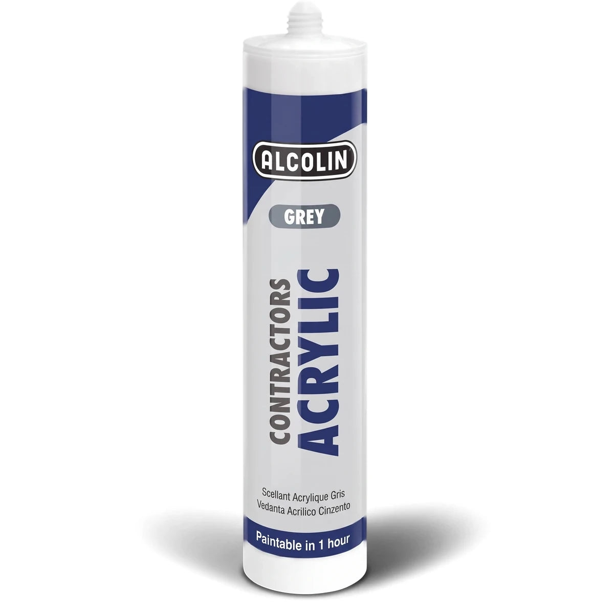 Alcolin Contractors Acrylic sealant in a grey and white tube, standing upright with a nozzle, displayed on a white