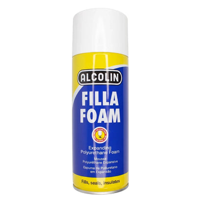 Alcolin Filla Foam expanding polyurethane foam in a blue and yellow spray can, designed for filling, sealing, and insulating.
