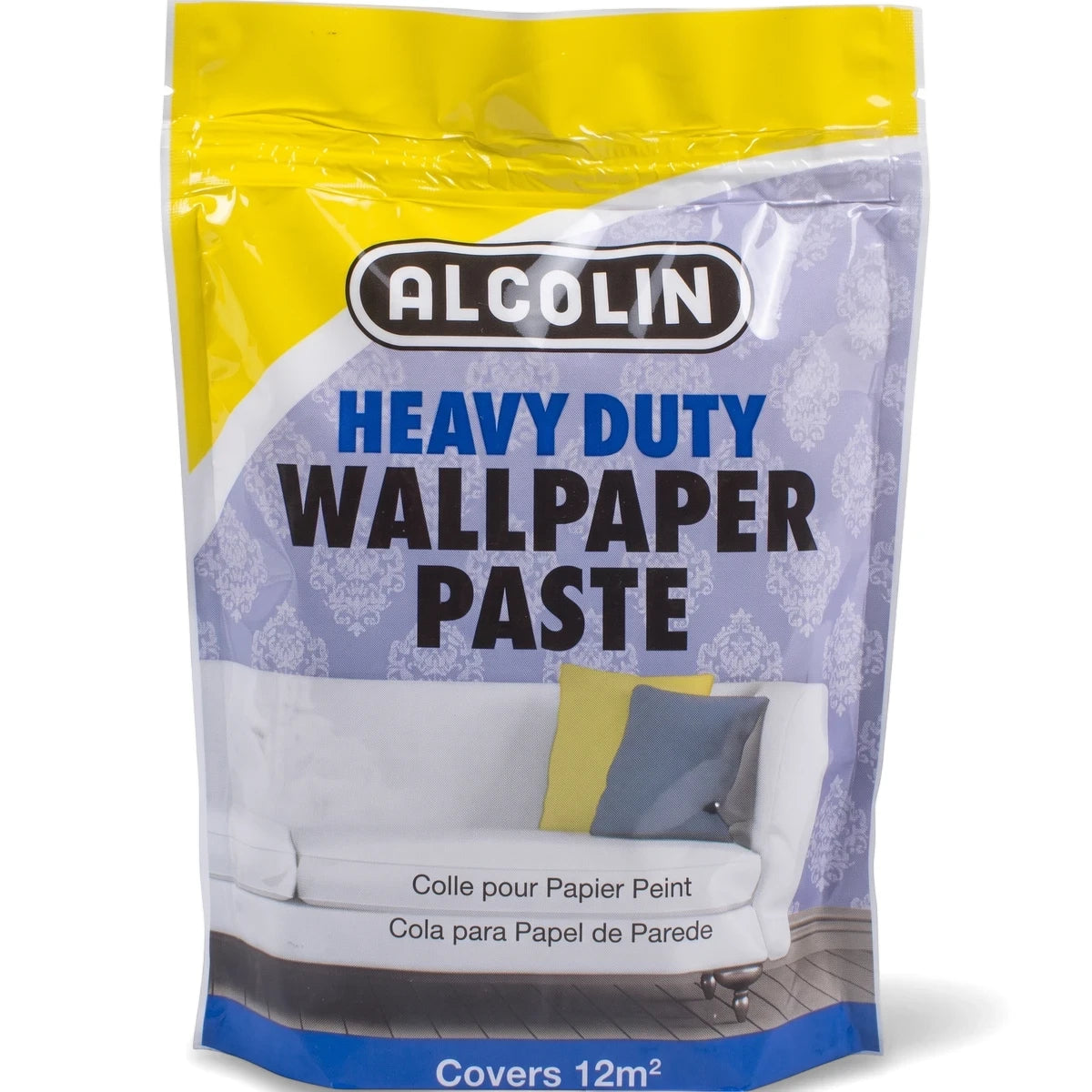 ALCOLIN Heavy Duty Wallpaper Paste in a yellow, blue, and white pouch, suitable for covering 12m² surfaces.