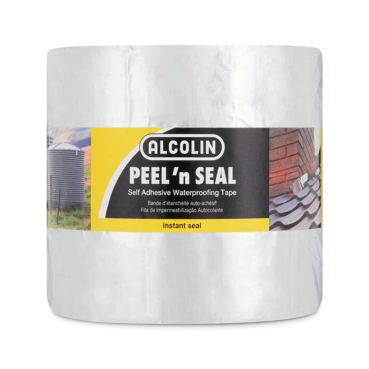Alcolin Peel 'n Seal self-adhesive waterproofing tape in a large white roll with a black and yellow product label.