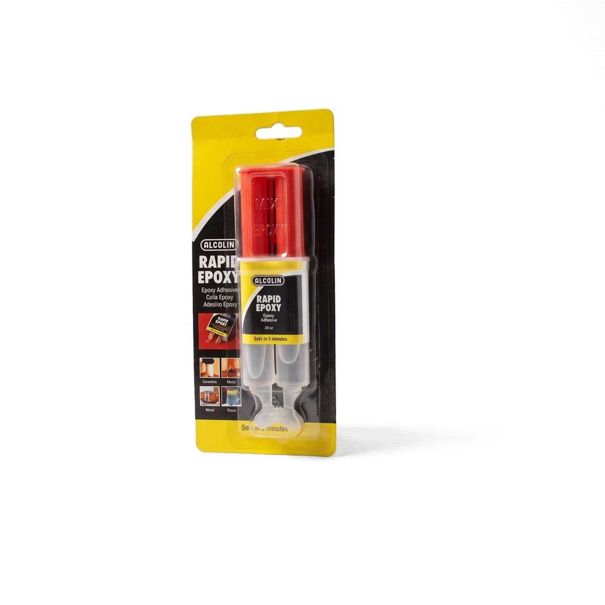 Alcolin Rapid Epoxy Adhesive twin syringe in yellow and black blister packaging, for strong and fast bonding.