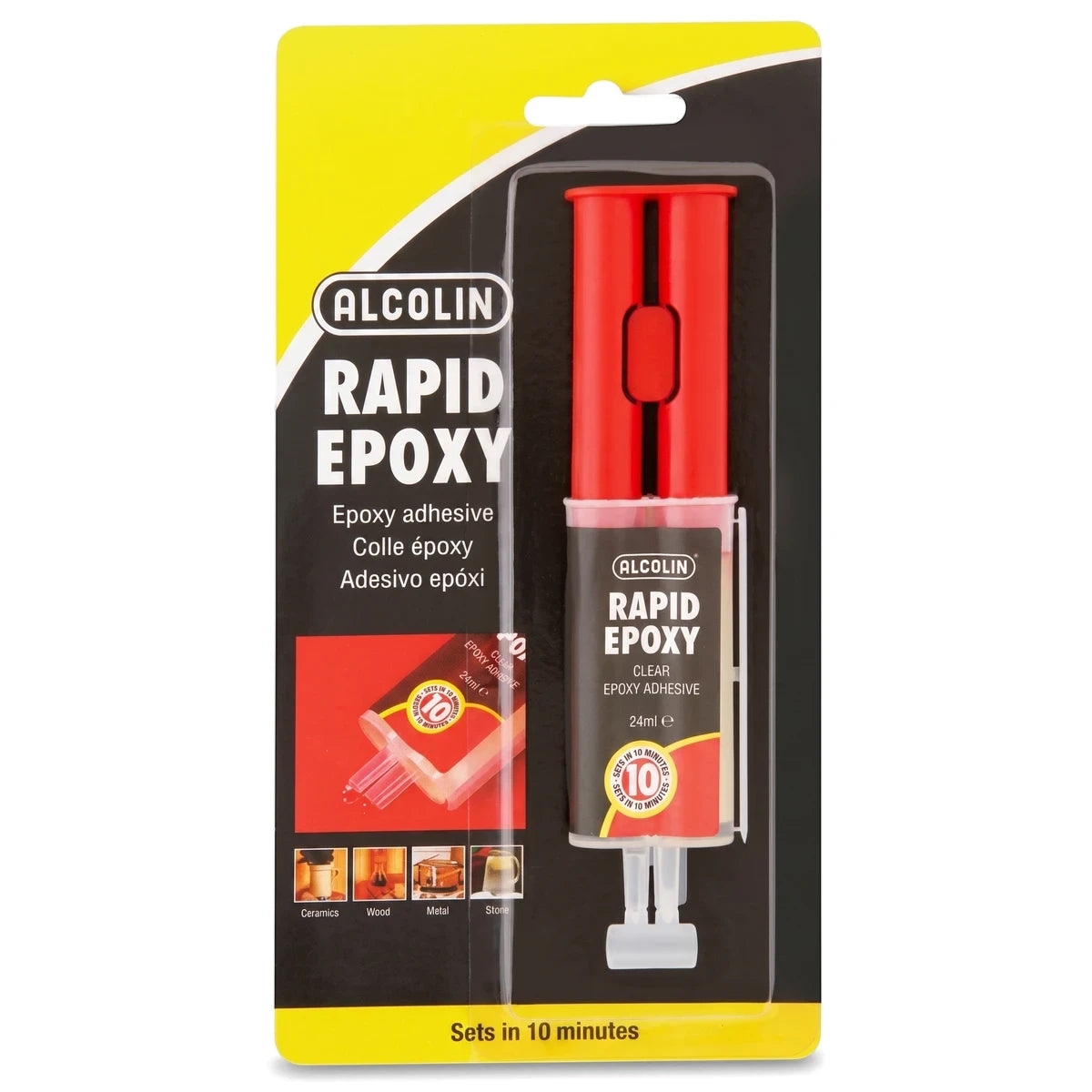 Alcolin Rapid Epoxy Clear Epoxy Syringe, 24ml, in red, black, and yellow retail packaging, designed for various materials.