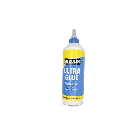Alcolin Ultra Glue Wood waterproof, water-based wood glue in a white bottle with a blue and yellow label.