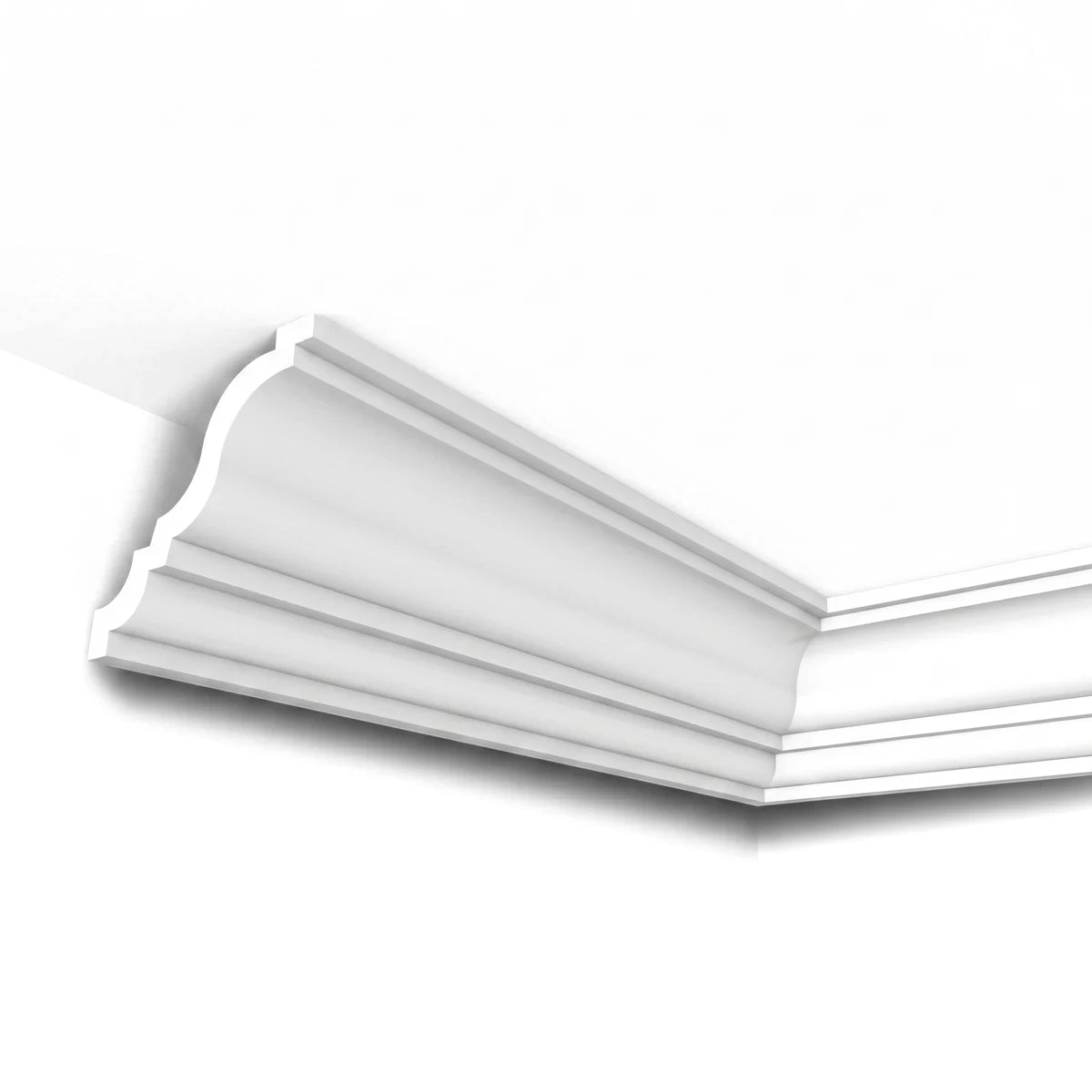 White Alina Cornice, an intricate decorative crown molding, installed in a room corner, showcasing its detailed profile.