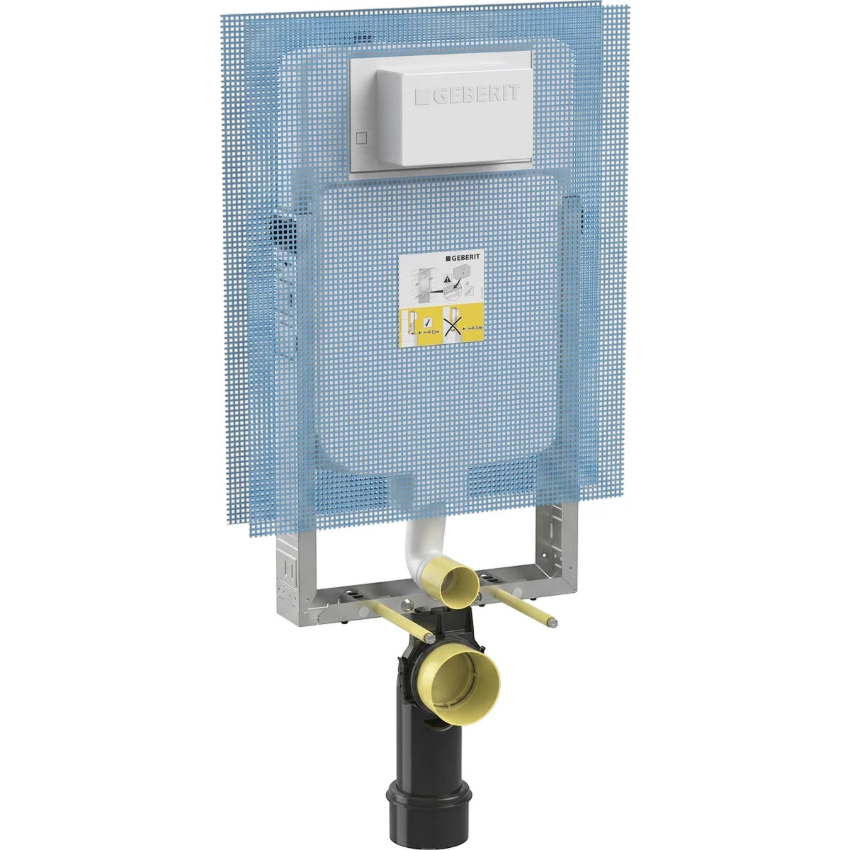 Alpha Kombifix in-wall toilet cistern frame with white tank, yellow pipes, and blue mesh for concealed installation.