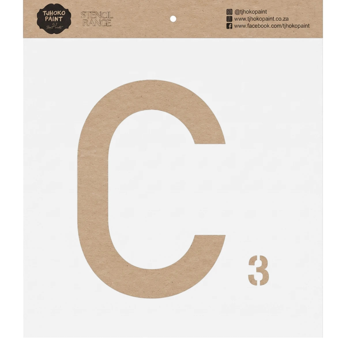 Kraft paper paint stencil featuring the letter C and a small number 3, with branding visible at the top.