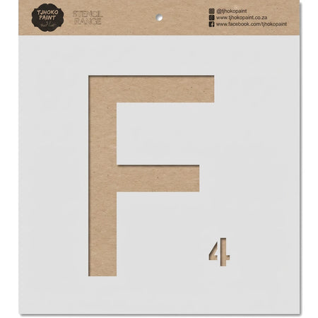 Brown cardboard stencil featuring a large letter F and a smaller number 4, designed for paint applications, with branding at