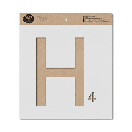 Brown craft paper stencil for painting, featuring the letter H and the number 4, with brand logos visible.
