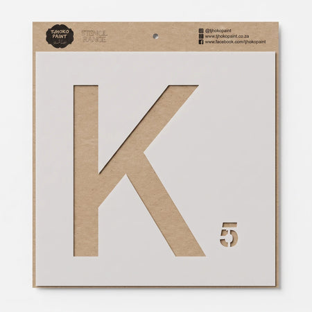 Brown craft paper stencil featuring the letter K, number 5, and Tjohoko Paint branding for crafting projects.