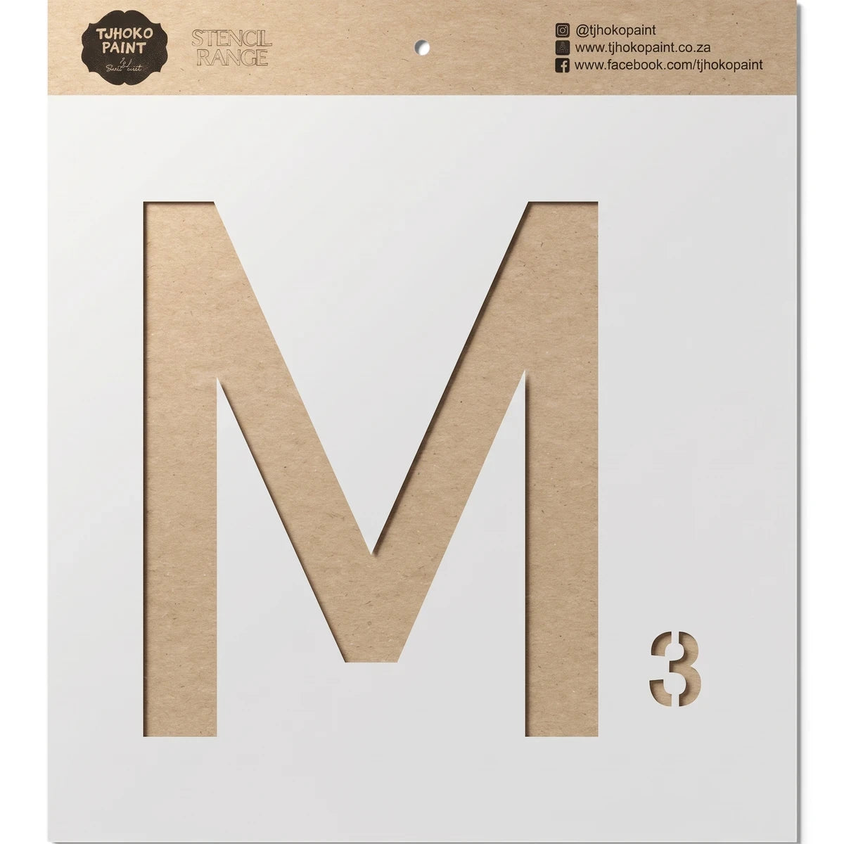 Brown craft paper alphabet M paint stencil with small number 3, part of the Tjhoko Paint stencil range.