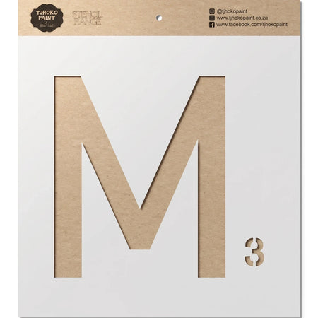 Brown craft paper alphabet M paint stencil with small number 3, part of the Tjhoko Paint stencil range.