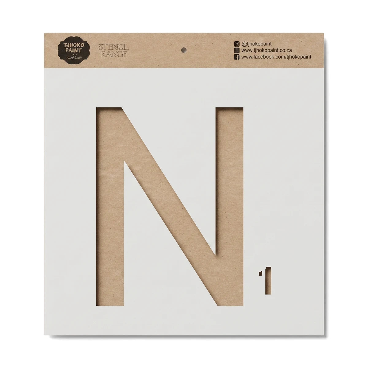 Brown cardboard stencil featuring a large letter N and a smaller number 1, with brand logos and social media information at