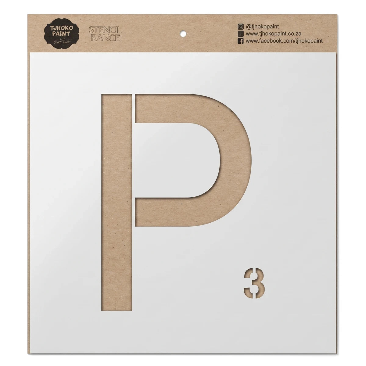 Kraft paper paint stencil featuring a large letter P and small number 3, from the Alphabet P (22150-25) range.