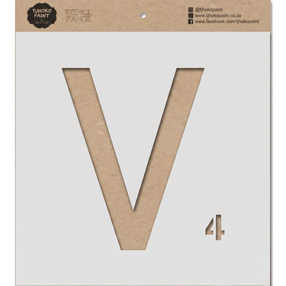 Brown kraft paper stencil for painting, featuring the letter V and the number 4, along with Tjohokopaint branding.