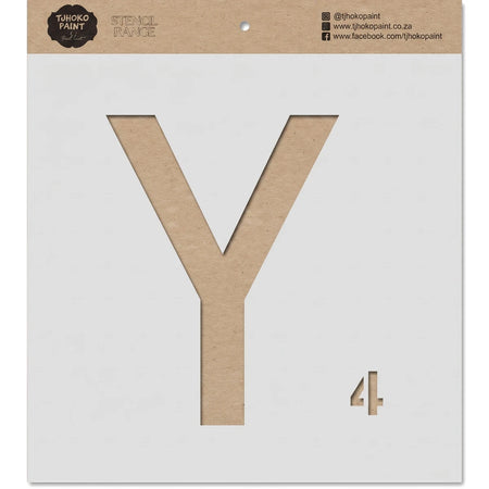 Brown cardboard paint stencil featuring the capital letter Y, the number 4, and 'Tjhoko Paint' branding, presented flat.