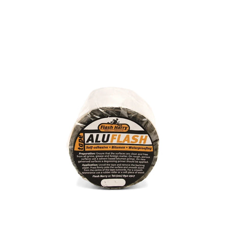 Alu Flash self-adhesive bitumen waterproofing tape roll, black with a white and yellow label, for sealing and repairs.