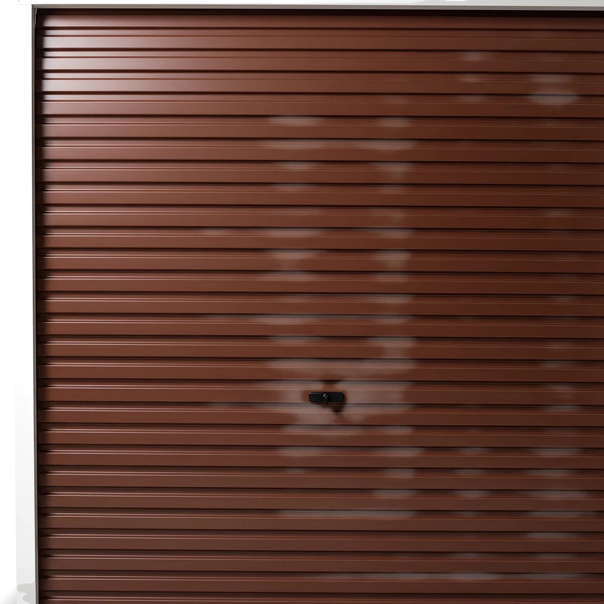 Close-up of an Alume Series 255 Zinc Garage Door in a rich brown color, featuring horizontal ribbed panels and a central