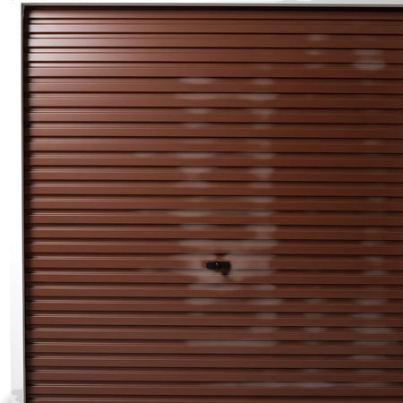 Close-up of an Alume Series 255 Zinc Garage Door in a rich brown color, featuring horizontal ribbed panels and a central