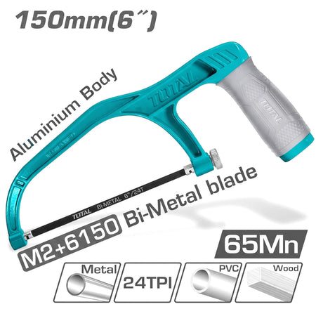 Aluminium body mini frame hacksaw 150mm with bi-metal blade for cutting metal, PVC, and wood.