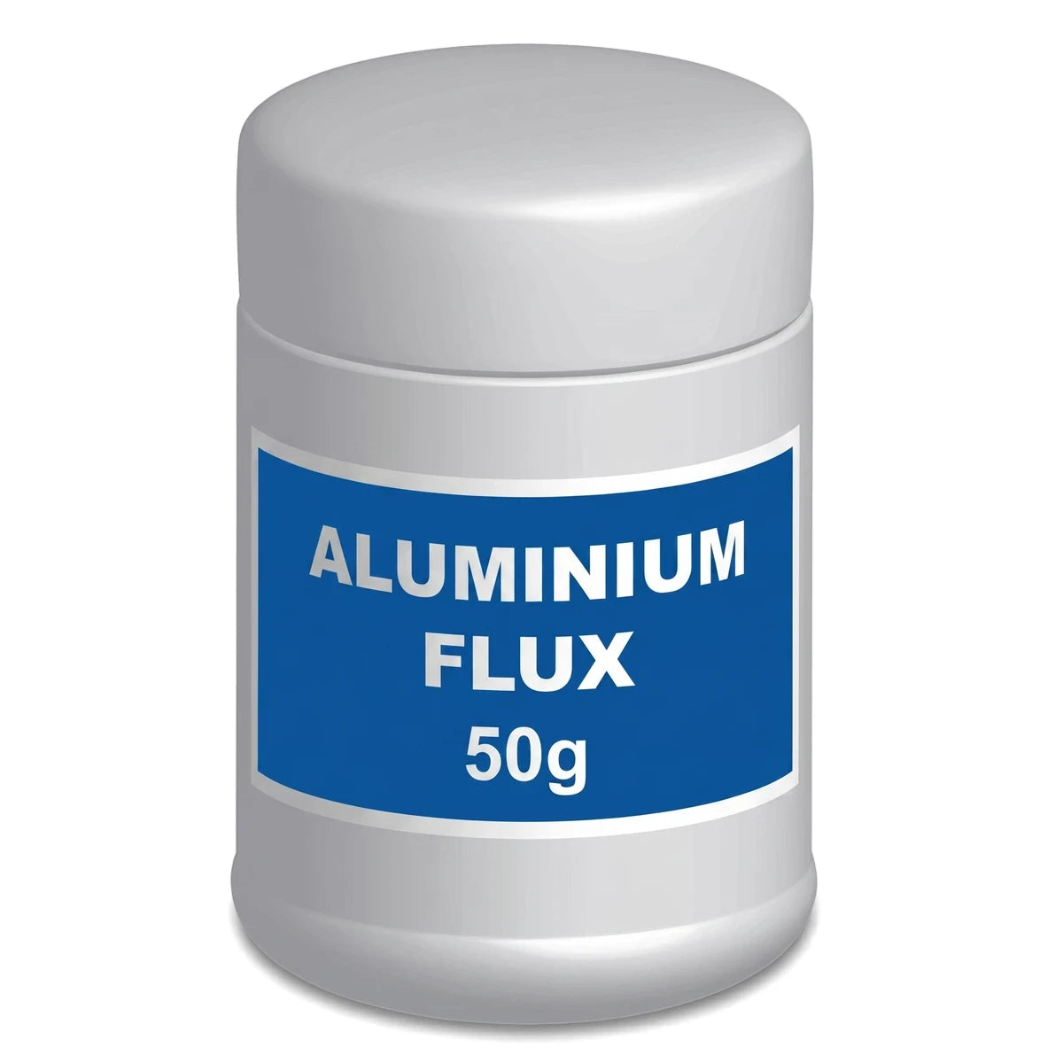 Grey cylindrical jar of Aluminium Brazing Flux, 50g, with a blue label containing white text. Used for soldering.