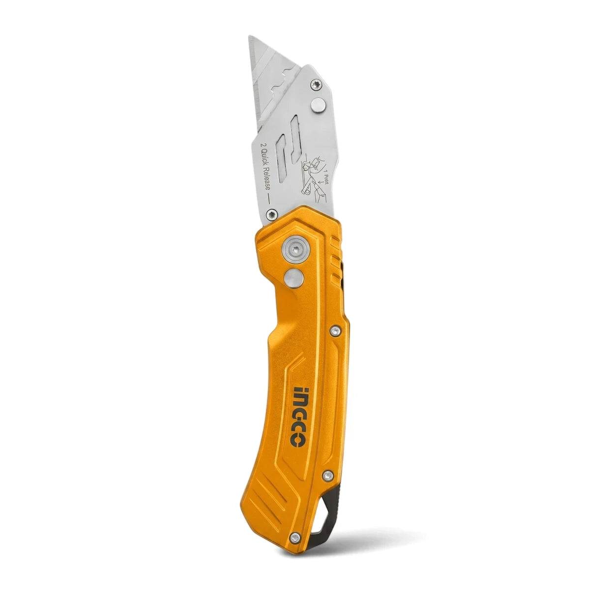 Aluminium folding utility knife with an orange handle and silver blade, shown in a vertical side view.