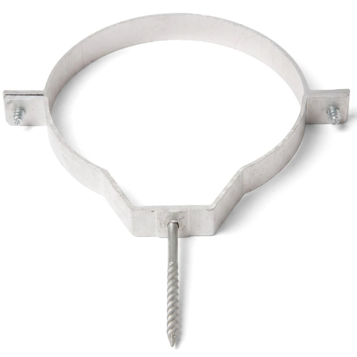A silver 110mm aluminium holderbat pipe bracket with a threaded screw attachment, presented centrally against a white