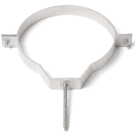 A silver 110mm aluminium holderbat pipe bracket with a threaded screw attachment, presented centrally against a white