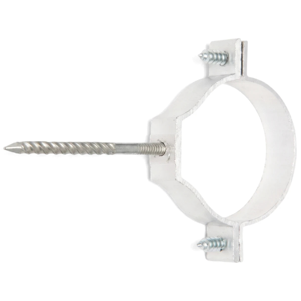 Silver 50mm aluminium holderbat pipe bracket with a threaded screw, used for securing pipes. Front view.