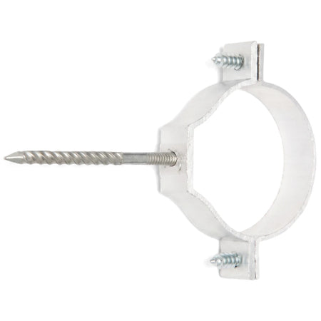 Silver 50mm aluminium holderbat pipe bracket with a threaded screw, used for securing pipes. Front view.