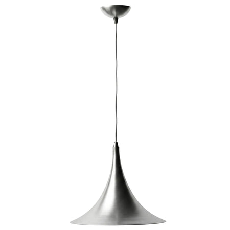 Silver aluminium conical pendant light fitting with a white cord and ceiling rose, designed for indoor lighting.