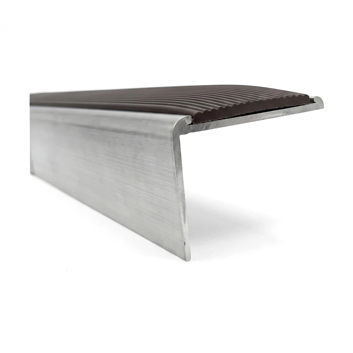 Aluminium retrofit bullnose stair nosing with a coffee-colored ridged PVC infill, shown from a side angle.
