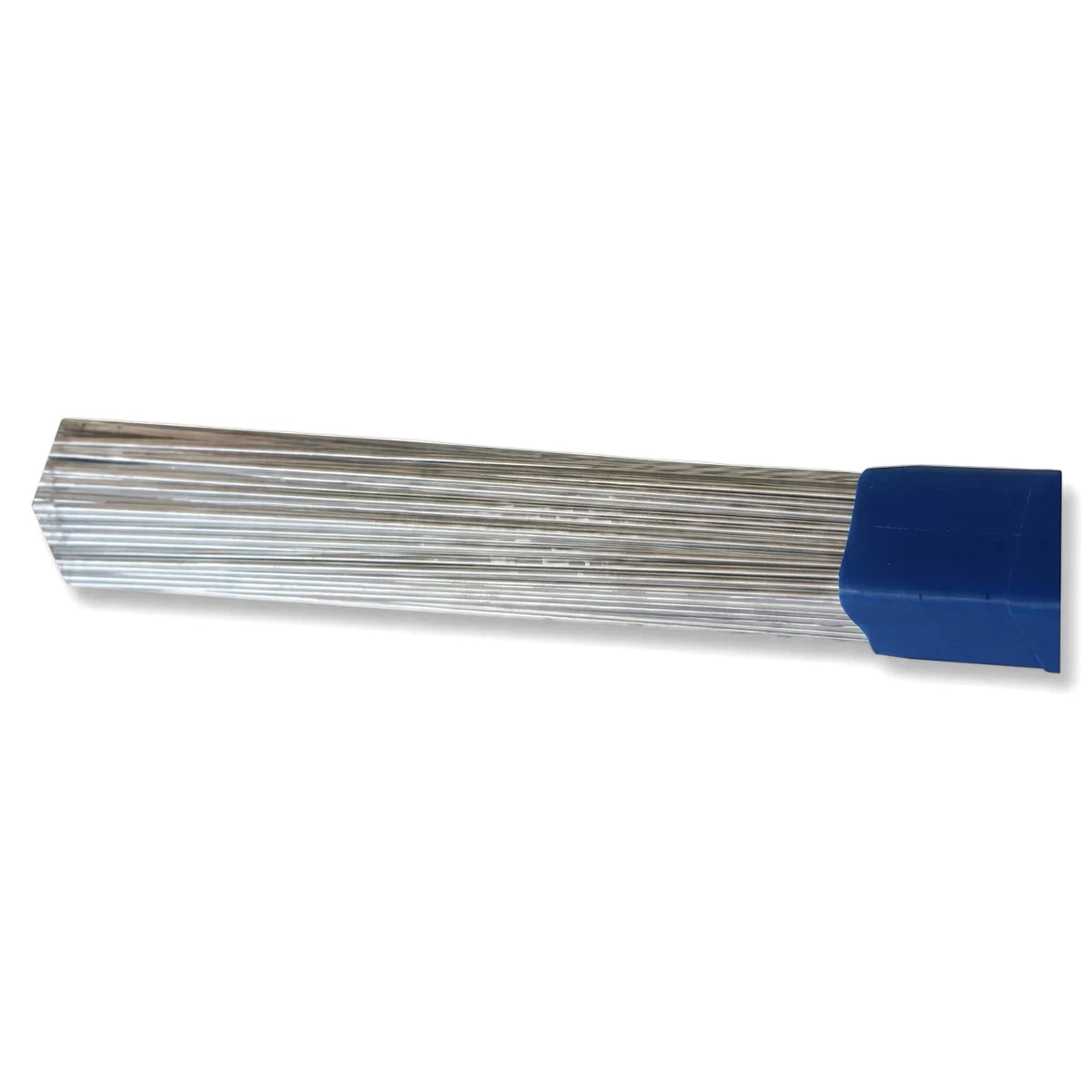 Bundle of Aluminium Rod 4043 Welding Rods in silver color, featuring a blue securing cap on one end, displayed horizontally.