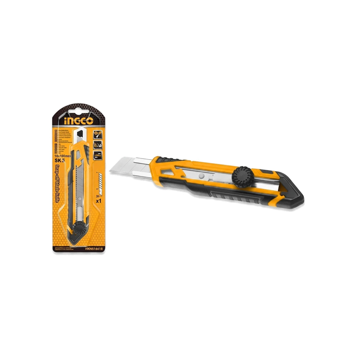 Aluminium Snap-Off Utility Knife 18mm - 158mm with yellow and black handle, shown with its retail packaging.