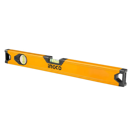 Yellow and black aluminium spirit level, 60cm long, used as a measuring and leveling tool for construction work.