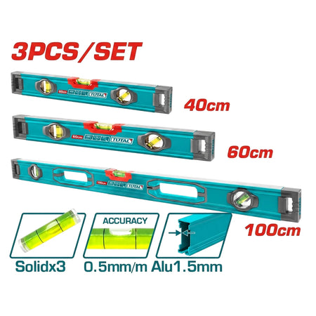 Turquoise aluminium spirit level set including 40cm, 60cm, and 100cm levels with two vials each for accurate measurements.
